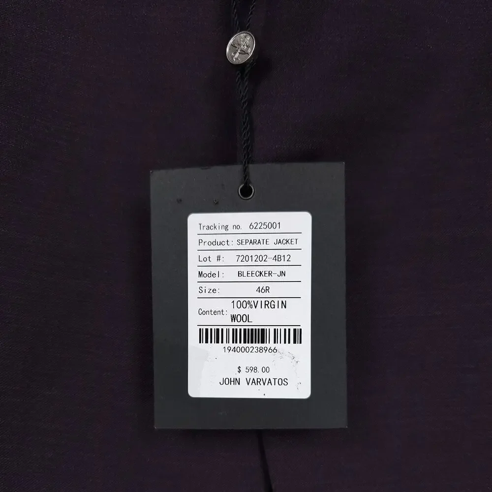 John Varvatos Mens Slim Fit 2 Piece Suit 46R 38W Purple Solid Virgin Wool Twill